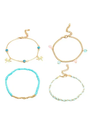 4-Piece Fashionable Dragonfly Beads Charm Anklet Set 
