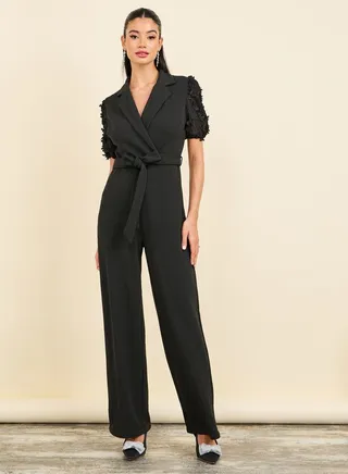 Floral Applique Sleeves Notch Neck Wide Leg Tailored Jumpsuit 