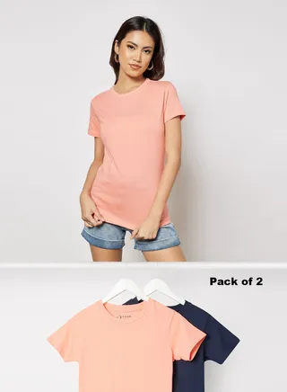 Women's Pack of 2 T-Shirts Crew Neck Short Sleeves Comfort Fit in Biowashed Premium Cotton Pink/Dark Navy 