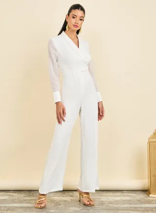 Chiffon Sleeves Pintuck Collared Wide Leg Tailored Jumpsuit 