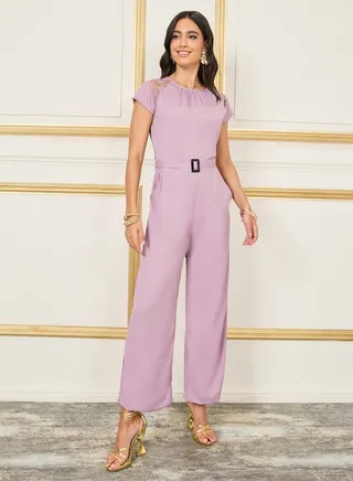 Lace Insert Belted Wide Leg Jumpsuit 