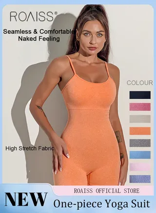 Women One Piece Yoga Jumpsuit High Elasticity Seamless Bodycon Fitness Romper with Spaghetti Straps and Shorts 