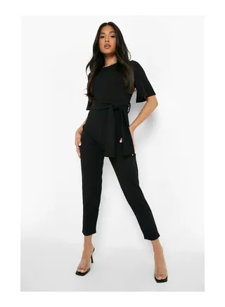 Petite Cape Sleeve Belted Tailored Jumpsuit 
