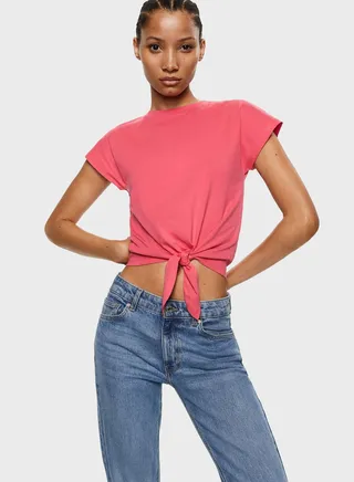 Round Neck Tie Detail Crop T-Shirt 