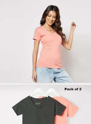 Women's Pack of 2 T-Shirts Casual Regular Fit V Neck Short Sleeves in Premium Bio washed Cotton Charcoal Melange/Pink 
