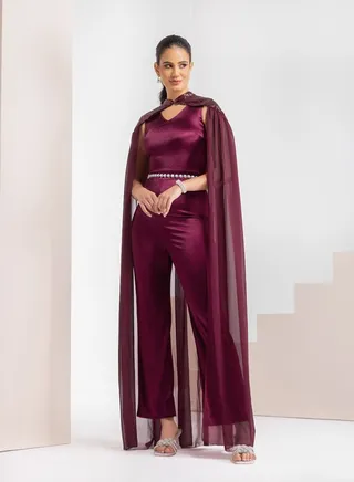 Satin Jumpsuit with Pearls Embellished Cape 