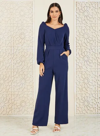 Textured Knit Straight Leg Sweetheart Neck Jumpsuit 