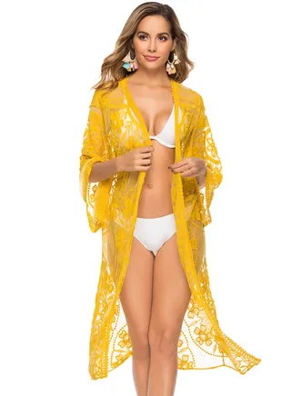 Embroidered Open Front Cover Up Yellow 