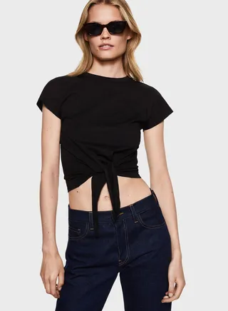 Round Neck Tie Detail Crop T-Shirt 