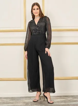 Embellished Pleated Wide Leg Jumpsuit