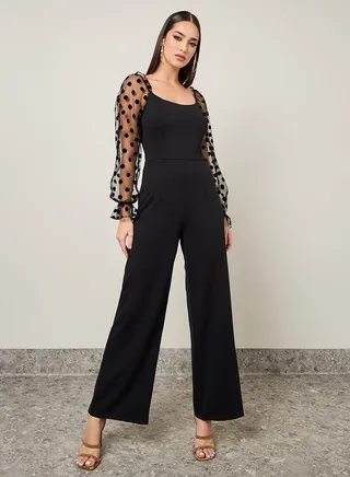 Mesh Insert Flocked Sleeve Wide Leg Ponte Jumpsuit 