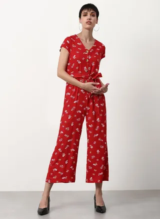 Printed Flared Fit Jumpsuit Red 