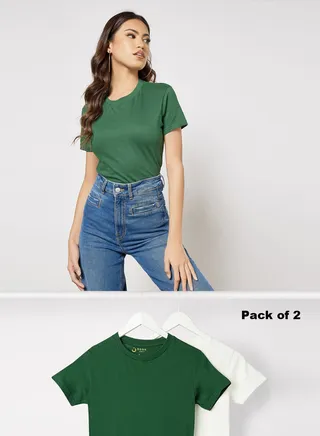Pack Of 2 Women's Basic Crew Neck Cotton Biowashed Fabric Comfort Fit Stylish Design T-Shirt Dark Green/ White 