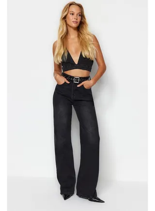 Black High Waist Wide Leg Jeans TWOAW24JE00074 
