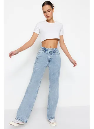 Blue Waist Detailed High Waist Wide Leg Jeans TWOSS21JE0385 