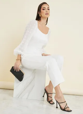 Straight Leg Ponte Jumpsuit with Dobby Volume Sleeves 