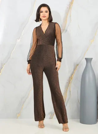 Sheer Long Sleeves Shimmer Knit Straight Leg Jumpsuit 