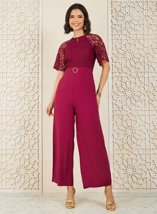 Lace Insert Buckle Detail Wide Leg Jumpsuit 