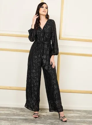 Burnout Lurex Texture Wide Leg Jumpsuit with Self Tie Up 