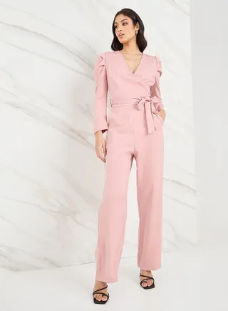 Solid Straight Leg Jumpsuit with Self Tie 