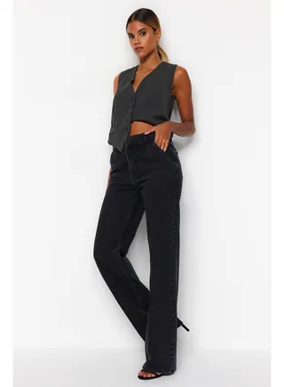 Black Pocket Detailed High Waist Wide Leg Jeans TWOAW24JE00006 