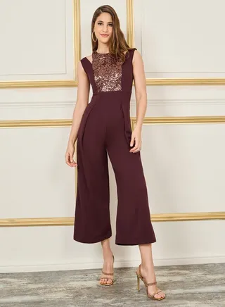 Sequin Cut Out Detail Neck Wide Leg Jumpsuit 