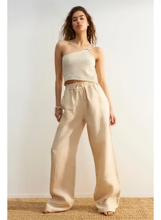 Beige 100% Linen High Waist Wide Leg Pants with Elastic Waist. 