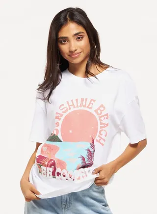 Lee Cooper Graphic Print Oversized T-shirt with Short Sleeves 