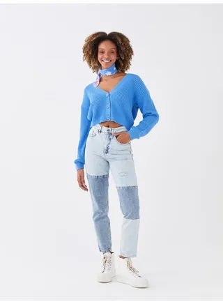 High Waist Mom Fit Color Block Women Jeans 