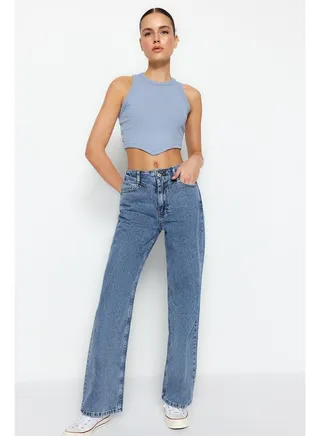 Dark Blue Waist Detailed High Waist Wide Leg Jeans TWOSS21JE0385 