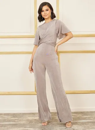 Textured Knit Front Cross Wide Leg Jumpsuit