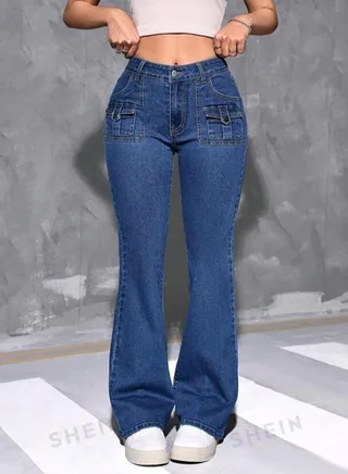 SHEIN EZwear Casual Denim Flare Pants With Slanted Pockets 