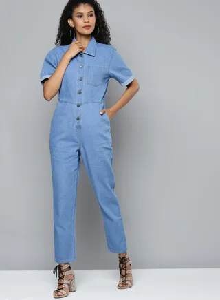 Collared Chest Pocket Detail Denim Jumpsuit 