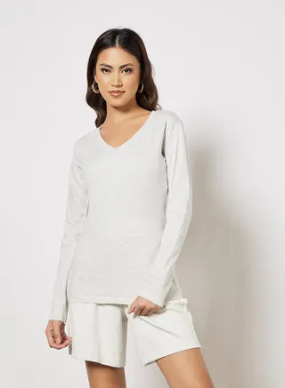Women's Basic V-Neck Cotton Biowashed Fabric Comfort Fit Stylish Design T-Shirt Grey Melange 