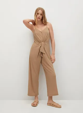 V-Neck Knot Detail Jumpsuit Beige 