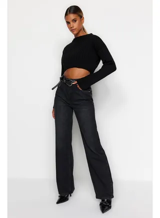 Black High Waist Wide Leg Jeans TWOAW24JE00073 