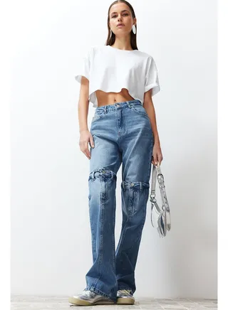 Blue Stitch Detail High Waist Wide Leg Jeans TWOSS24JE00108 