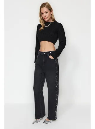 Black Stones Low Waist Wide Leg Jeans TWOAW24JE00226 