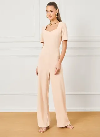 Textured Knit Sweetheart Neck Wide Leg Jumpsuit 