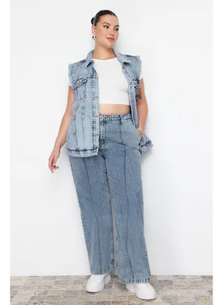 Light Blue High Waist Ribbed Wide-Cut Jeans TBBAW23CJ00013 