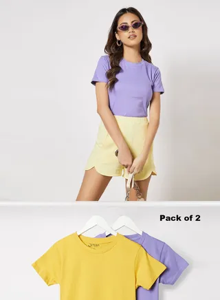 Pack Of 2 Women's Basic Crew Neck Cotton Biowashed Fabric Comfort Fit Stylish Design T-Shirt Yellow/Purple 