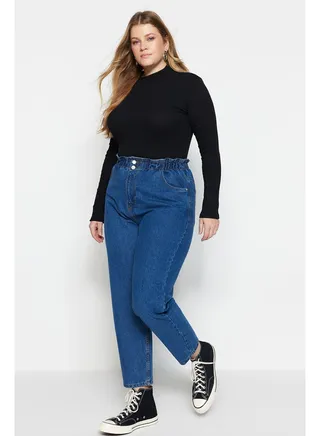Blue High Waist Mom Jeans with Elastic Waist TBBAW23JE00002 