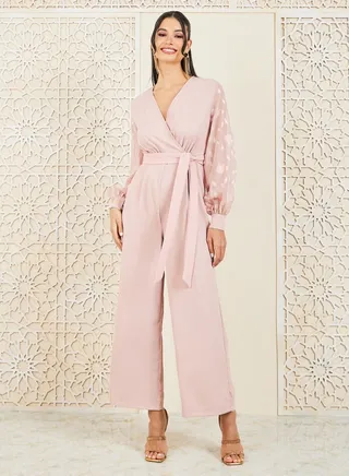 Chiffon Jacquard Sleeves Wide Leg Jumpsuit with Tie Up Belt 