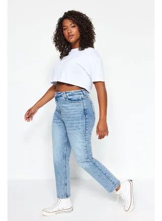 Blue High Waist Additional Features Unavailable Mom Plus Size Jeans TBBAW24CJ00050 