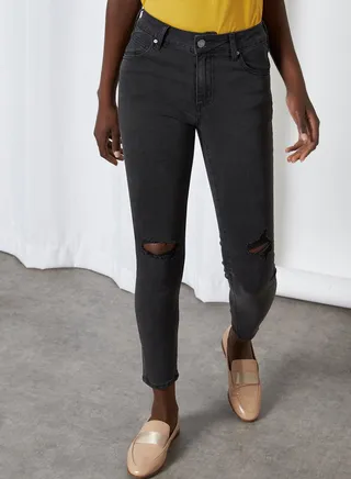Distressed Pattern Slim Fit Mid Rise Jeans Washed Black Knee Rip 