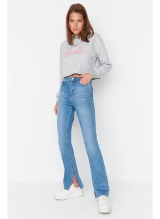 Navy Blue Slit High Waist Flare Jeans TWOAW22JE0382 