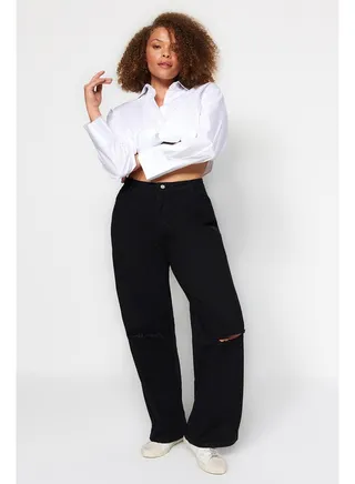 Black High Waist Wide Leg Ripped Jeans TBBSS22JE00006 