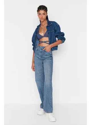 Blue Waist Detailed High Waist Wide Leg Jeans TWOSS22JE0675 