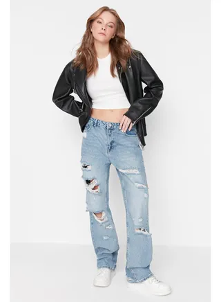 Blue Ripped Low Waist Wide Leg TWOAW23JE00523 