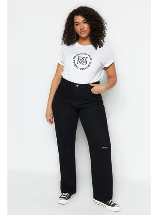 Black High Waist Destroy Detailed Bootcut Jeans TBBSS23CJ00006 
